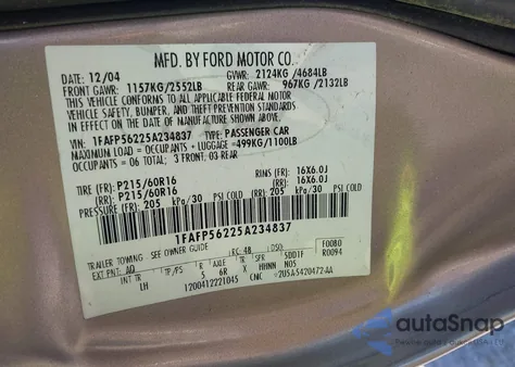 2005 Ford Taurus Sel from USA, damaged, VIN 1FAFP56225A234837